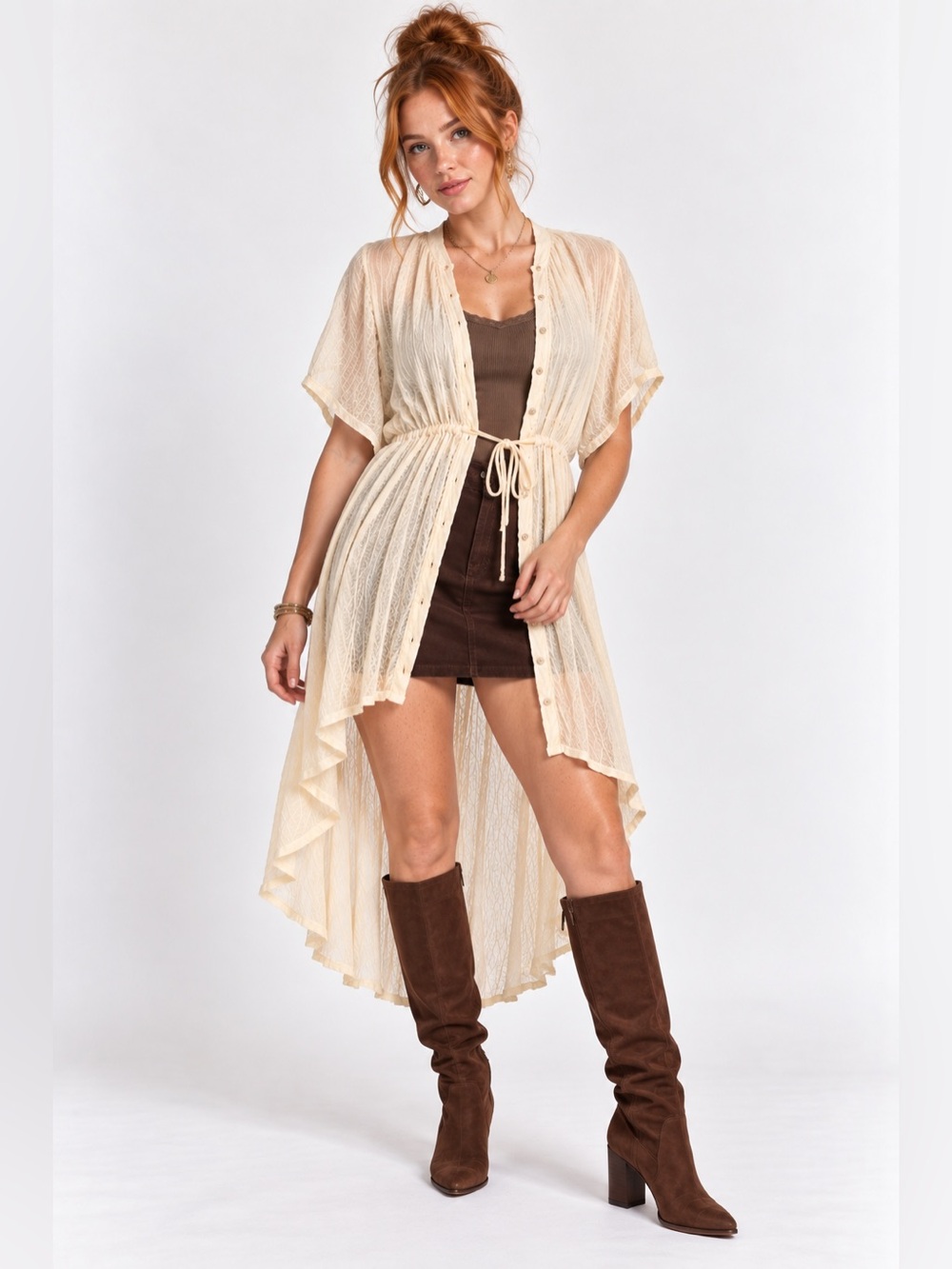 Free People Cream Sheer Button-Front Tie-Waist over dress, short sleeve duster